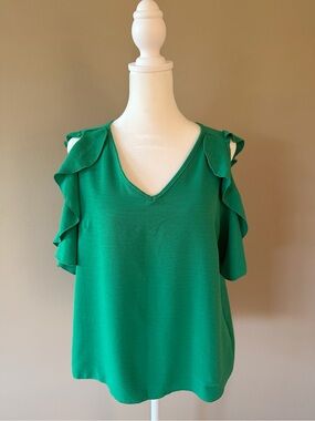 Green Ruffle Cold-Shoulder V-Neck Top